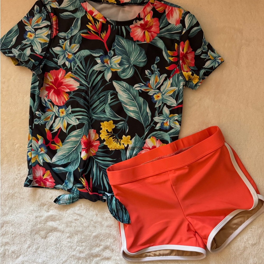 Girls Old Navy Floral Tropical Top and Orange Shorts Set